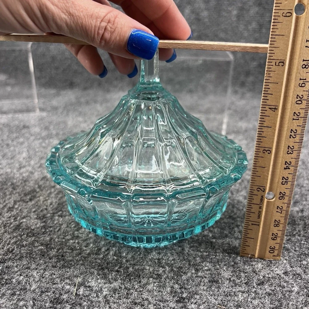 Vintage Tiara Fostoria Lead Crystal Teal Green - Blue Glass Candy Dish W/Lid 5
